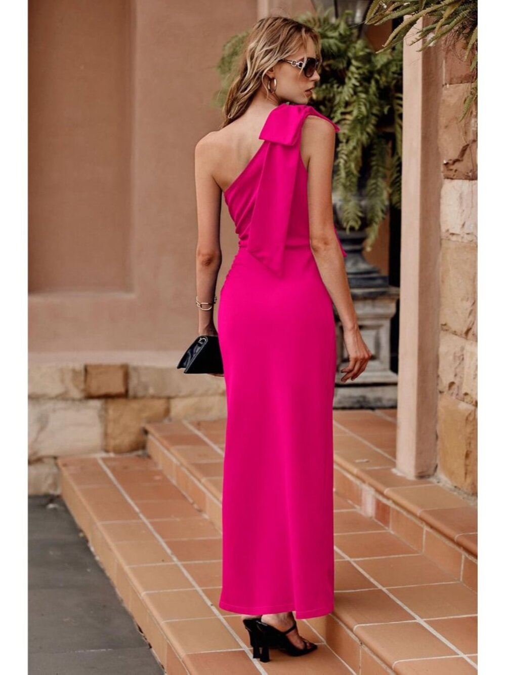 Women's Rose Red Summer One Shoulder Long Formal Dress Ruched Bodycon Maxi - Picture 5 of 6